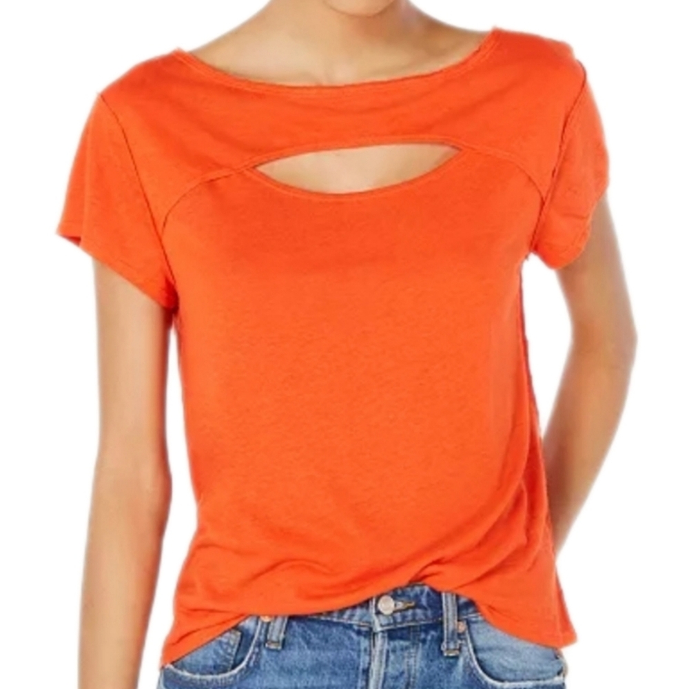 Free People June Cut-Out Red Short Sleeve T-Shirt in Small